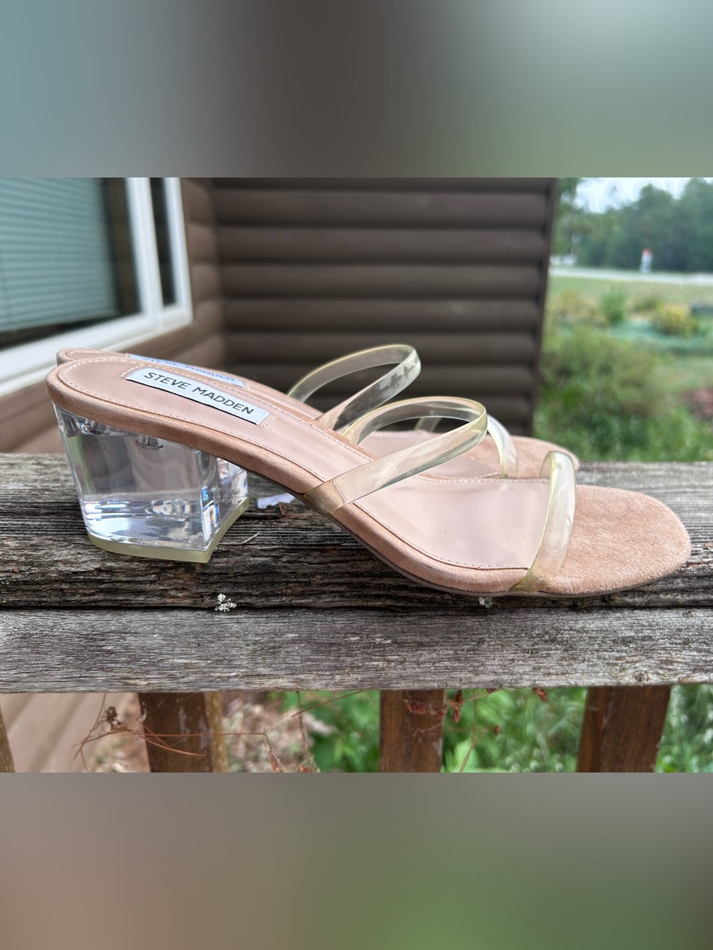 Steve Madden Clear Lucite Block Heel Strappy Sandals Nude 8.5 Y2K event neutral - Picture 5 of 14